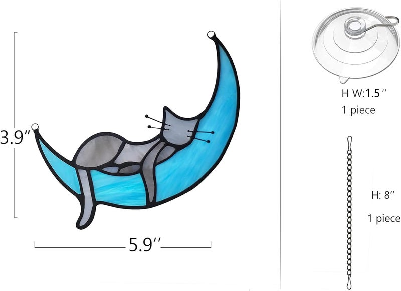 BOXCASA Handcrafted Grey Cat on Moon Stained Glass Suncatcher - Decorative Window Hanging for Cat Lovers, Mothers Day for Women,Mom,Daughter,Wife - Image 2